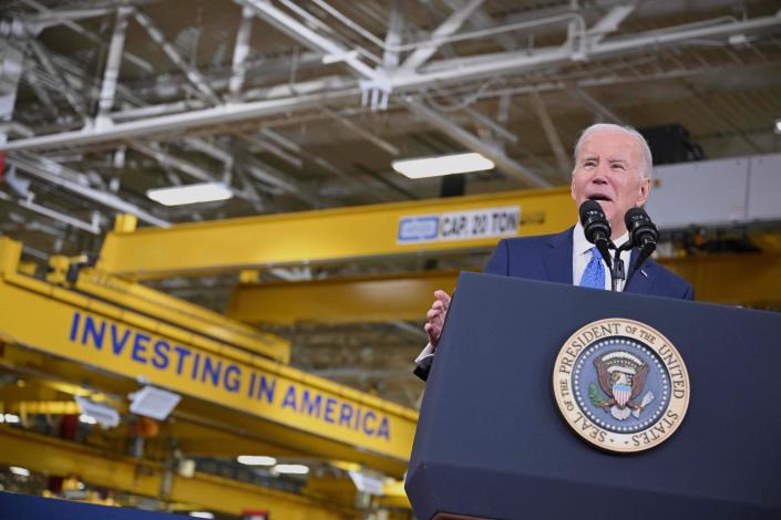 President Joe Biden delivers remarks at the Cummins Power Generation Facility in Fridley, Minnesota, on April 3, 2023.