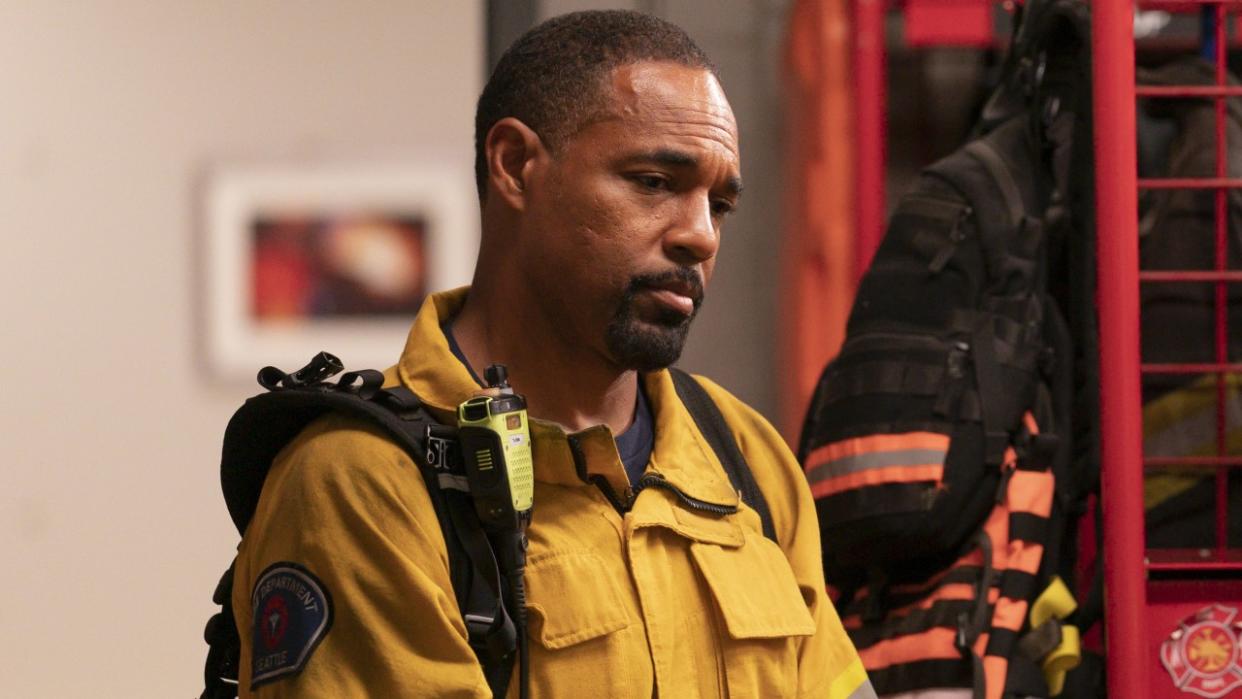  Ben Warren (Jason George) looks upset in his fire gear in the Station 19 series finale that aired May 30, 2024. 