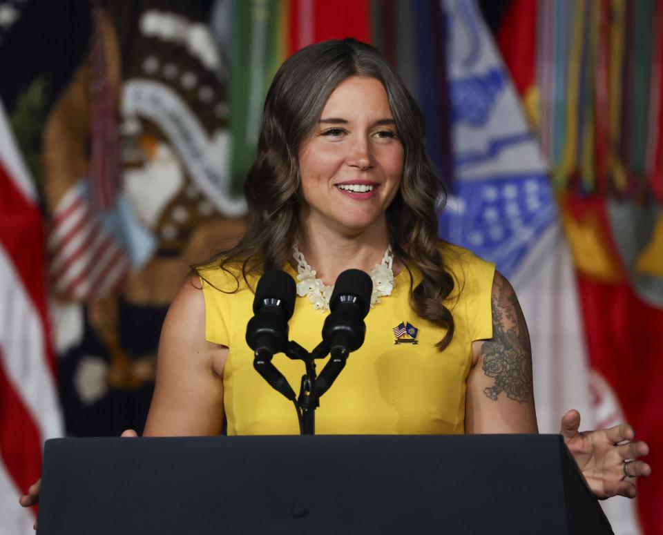 Salt Lake City Mayor Erin Mendenhall speaks prior to President’s Joe Biden remarks on the one-year anniversary of passage of the PACT Act, the most significant expansion of benefits and services for toxic exposed veterans and survivors in over 30 years, at the George E. Wahlen Department of Veterans Affairs Medical Center in Salt Lake City on Thursday, Aug. 10, 2023. | Laura Seitz, Deseret News