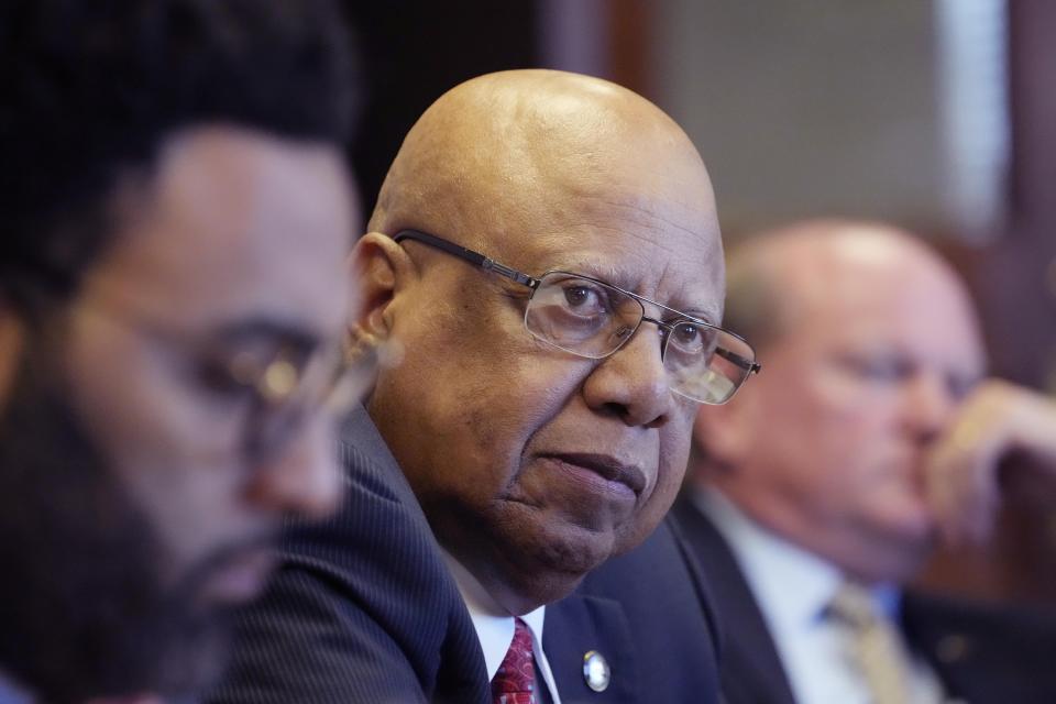 Mississippi State Senate Judiciary B Committee member Sen. Joseph Thomas, D-Yazoo City, listens as the committee reviews legislation that would restore suffrage for some people convicted of felonies in the past, Monday, April 22, 2024, at the state Capitol in Jackson, Miss. The bills that were approved by the committee will be presented before the Senate for its approval. (AP Photo/Rogelio V. Solis)