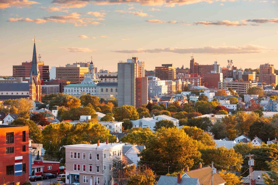 <p>Sean Pavone/Getty Images</p> The downtown city skyline in Portland, Maine during the Fall 