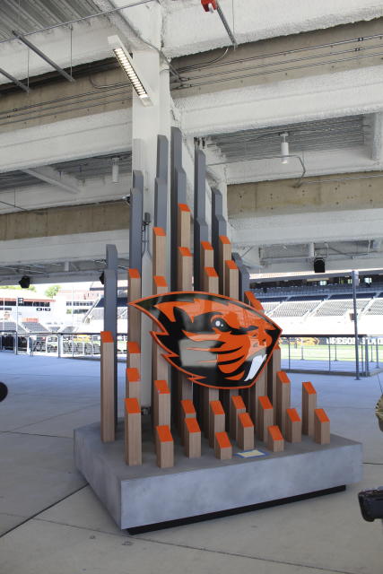 An art installation, seen Tuesday, Aug. 8, 2023, is part of the $160 million renovation to Oregon State's Reser Stadium in Corvallis, Ore. Oregon State is looking for stability for its teams after the college sports realignment that has destabilized the Pac-12. (AP Photo/Tim Booth)