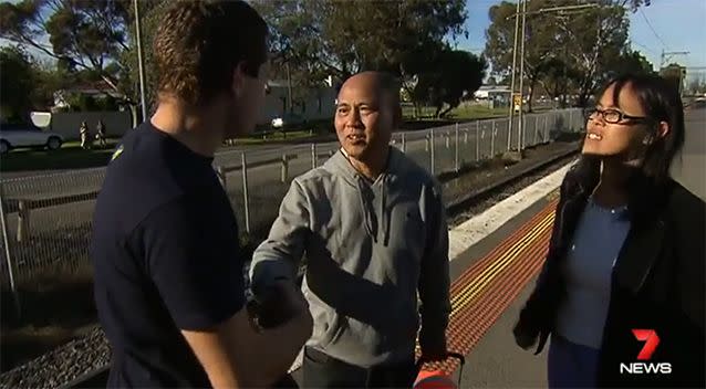 Alex and Natasha Close helped Mr Luc off the tracks, calling the train driver 'negligent' for not rushing to his aid. Photo: 7 News