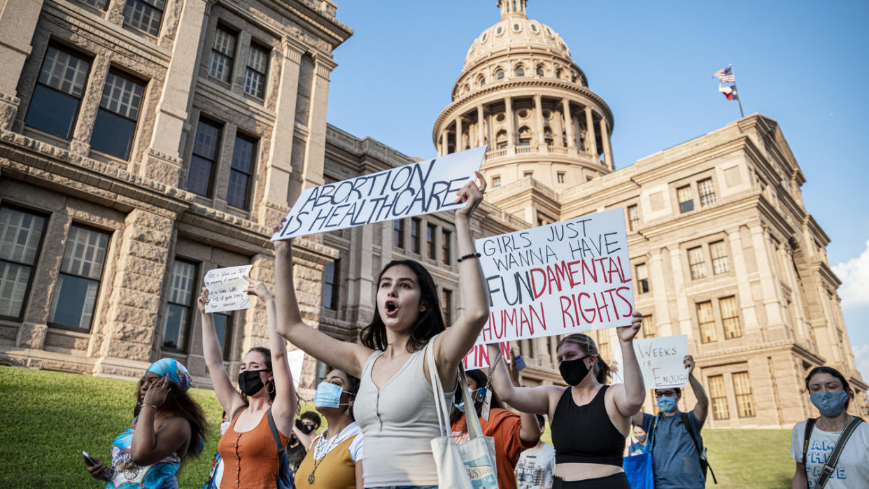 Pro-choice protesters march outside the Texas State Capitol on Wednesday, Sept. 1, 2021 in Austin, TX. (Sergio Flores For The Washington Post via Getty Images)