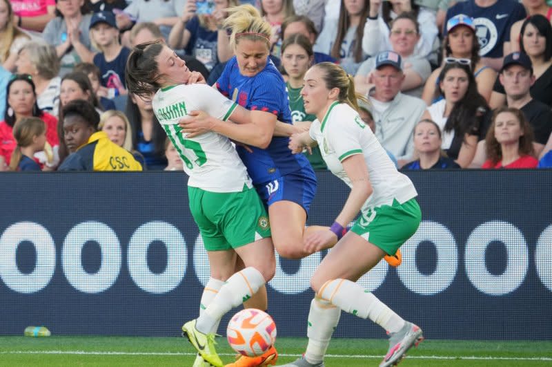 Midfielder Lindsey Horan (C) is among the veterans on the United States Women's National Team for the 2023 Women's World Cup. File Photo by Bill Greenblatt/UPI