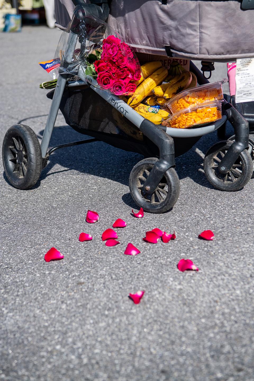 A child’s stroller overflows with produce and flowers at the Bounty & Soul Community Market in Black Mountain, November 14, 2023.