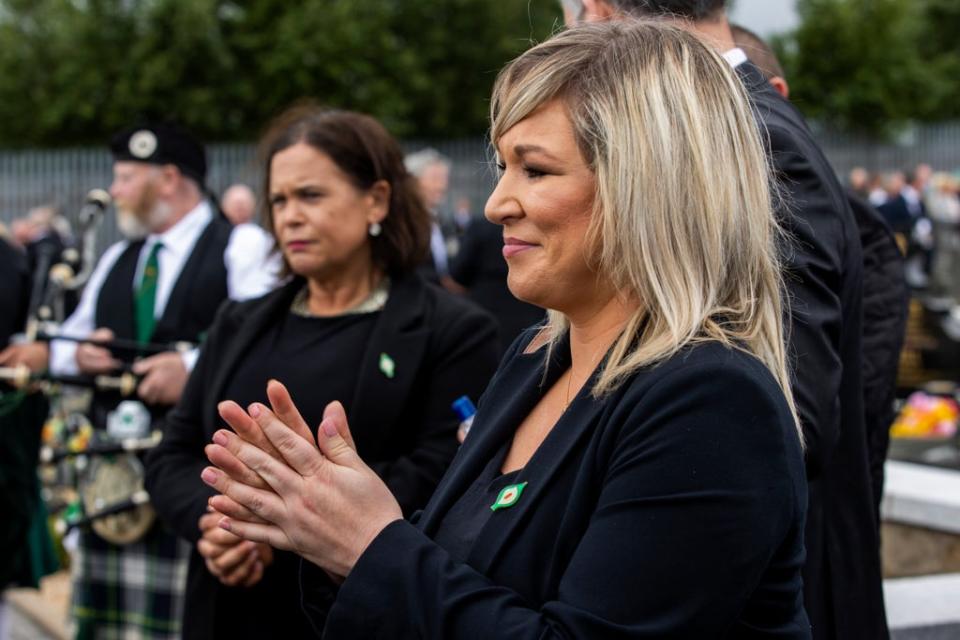 Sinn Fein leader Mary Lou McDonald (left) and deputy First Minister Michelle O’Neill during the funeral of senior Irish Republican Bobby Storey (Liam McBurney/PA) (PA Archive)