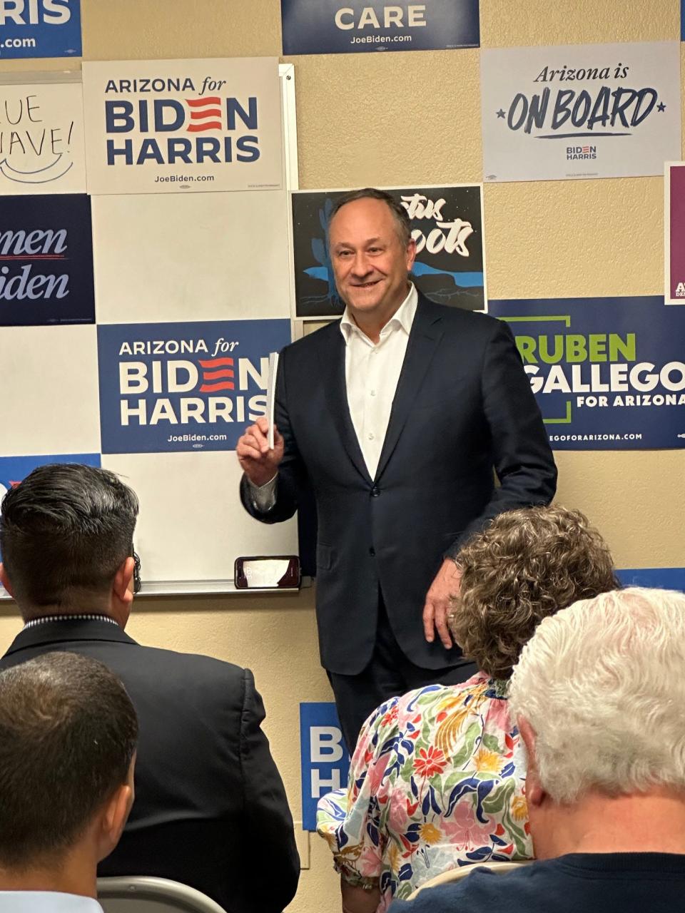 First gentleman Doug Emhoff delivers remarks inside a field office for President Joe Biden's re-election campaign on April 8, 2024.