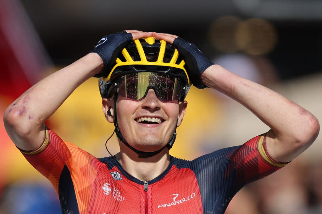  INEOS - Grenadiers' Spanish rider Carlos Rodriguez Cano cycles to the finish line to win the 14th stage of the 110th edition of the Tour de France cycling race, 152 km between Annemasse and Morzine Les Portes du Soleil, in the French Alps, on July 15, 2023. (Photo by Thomas SAMSON / AFP) (Photo by THOMAS SAMSON/AFP via Getty Images) 