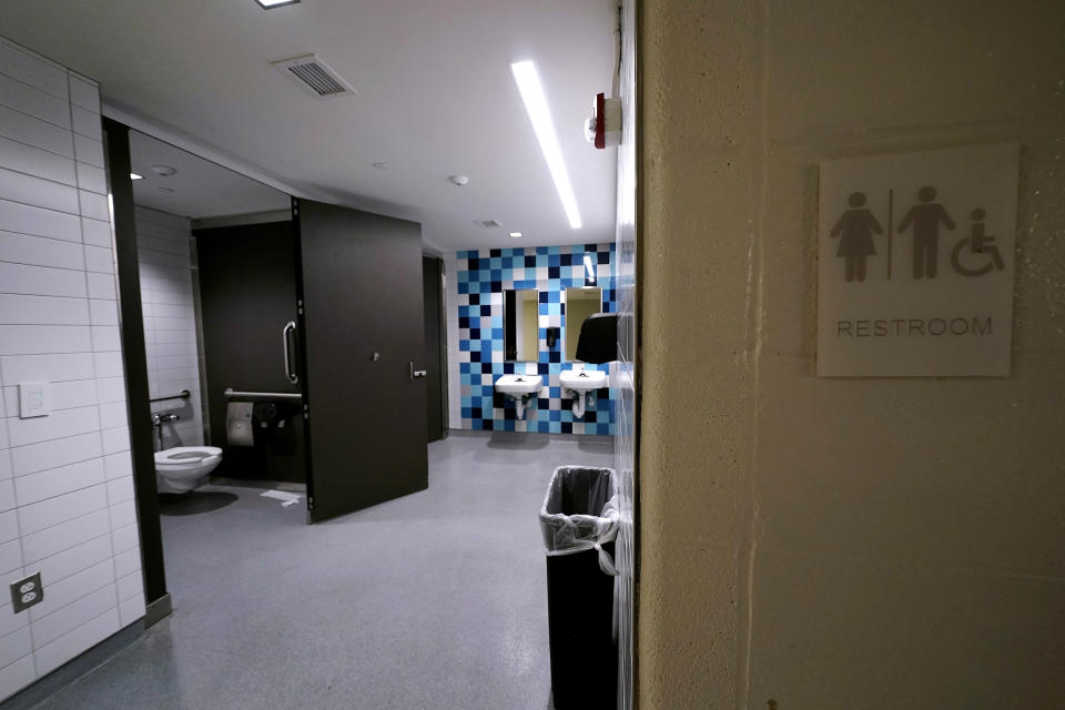 A newly-constructed gender neutral bathroom is seen at Shawnee Mission East High School, Friday, June 16, 2023, in Prairie Village, Kan. (AP Photo/Charlie Riedel)