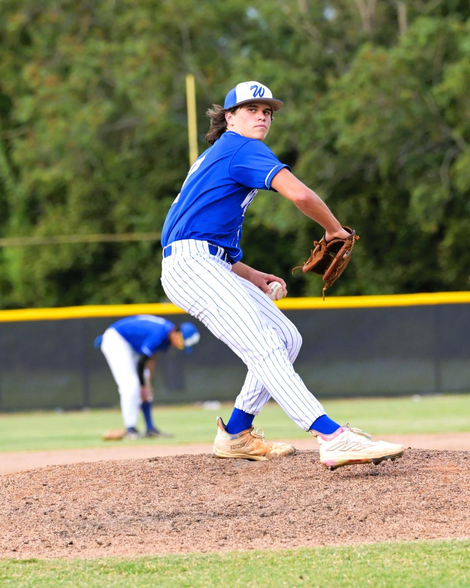 Wellington pitcher Paul "P.M." Parent fires a pitch from the mound during a regular season game against Palm Beach Central on April 3, 2024.