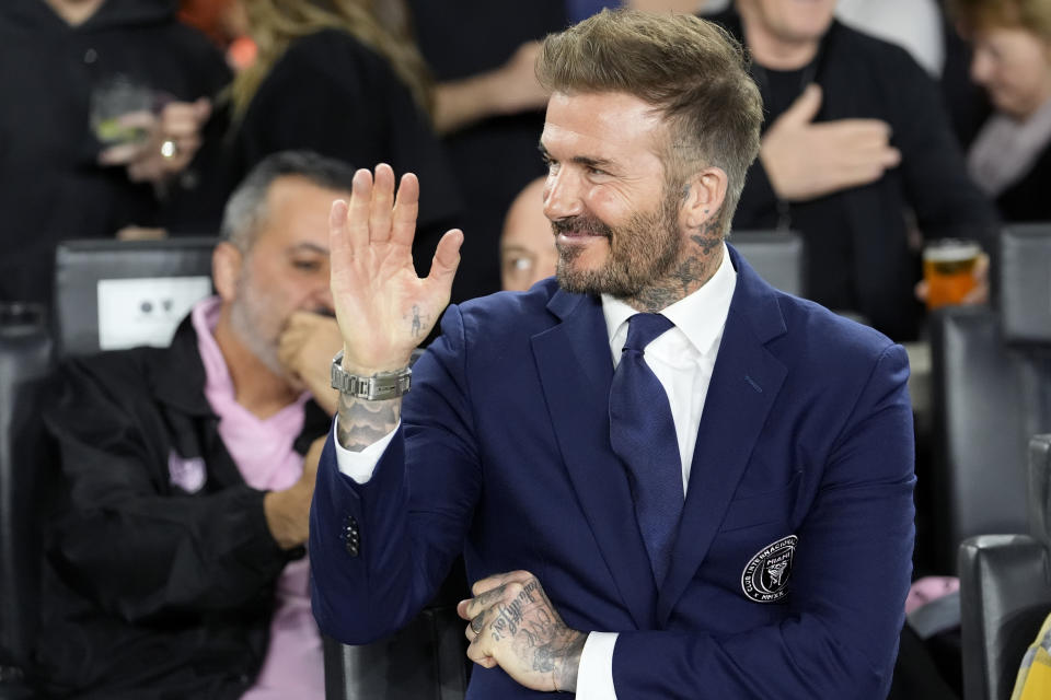 Inter Miami co-owner David Beckham waves before an MLS soccer match between Inter Miami and Real Salt Lake, Wednesday, Feb. 21, 2024, in Fort Lauderdale, Fla. (AP Photo/Lynne Sladky)