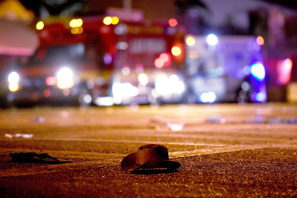 A cowboy hat lies in the street after shots were fired on the Route 91 Harvest music festival on Oct. 1, 2017 in Las Vegas. (Photo: David Becker/Getty Images)