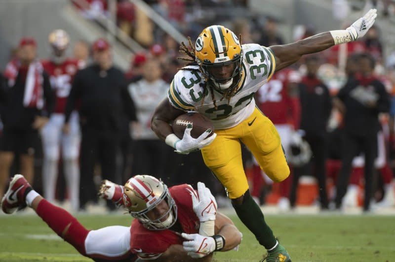 Former Green Bay Packers running back Aaron Jones (R) totaled 889 yards from scrimmage in 11 appearances last season. File Photo by Terry Schmitt/UPI