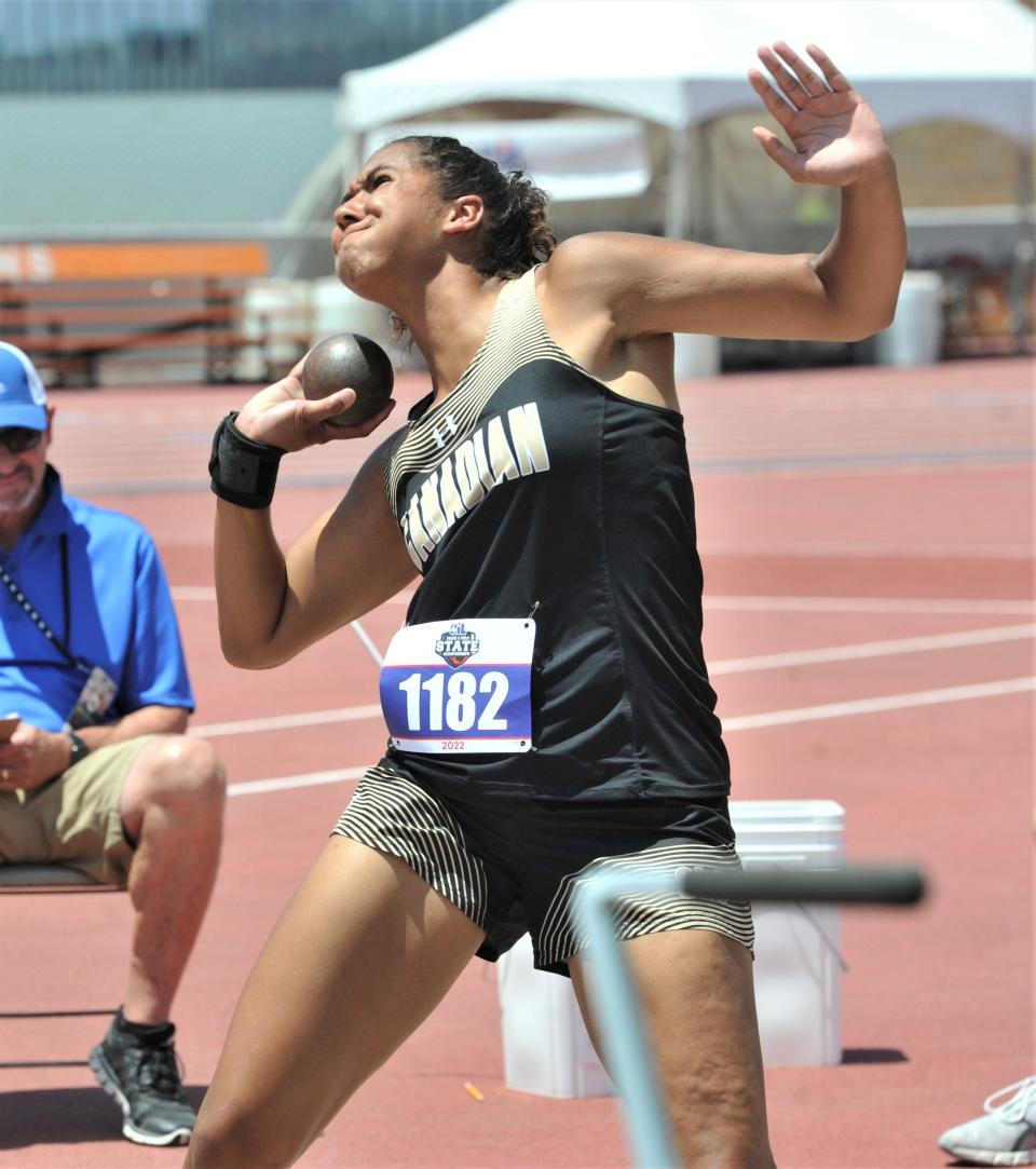 Canadian's Mattie Boyd swings and prepares to throw in the 3A Girl's Shot Put during the 2022 UIL Track & Field State Championship in Austin on Thursday, May 12, 2022.