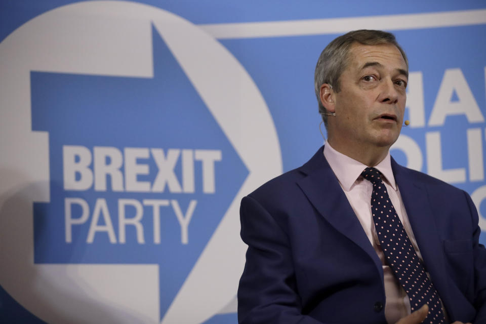 Nigel Farage the leader of the Brexit Party takes questions from journalists during an election press conference in London, Tuesday, Dec. 10, 2019. Britain goes to the polls on Dec. 12. (AP Photo/Matt Dunham)
