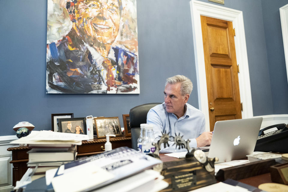 Washington, DC - November 9 : House Minority Leader Kevin McCarthy of Calif., makes calls to Republican House members asking for support of his bid to be the next Speaker of the House and continues to watch results come in following Election Day at his office on Capitol Hill on Wednesday, Nov. 09, 2022 in Washington, DC. (Photo by Jabin Botsford/The Washington Post via Getty Images)