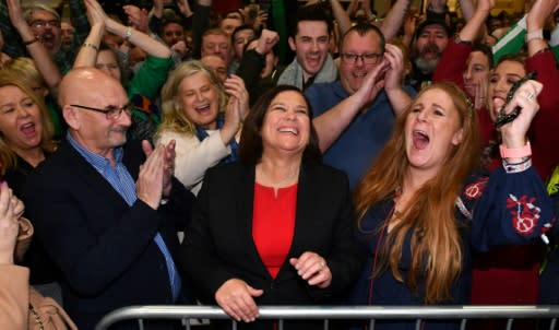 Sinn Fein leader Mary Lou McDonald (C) celebrates with supporters after she was returned to her central Dublin seat