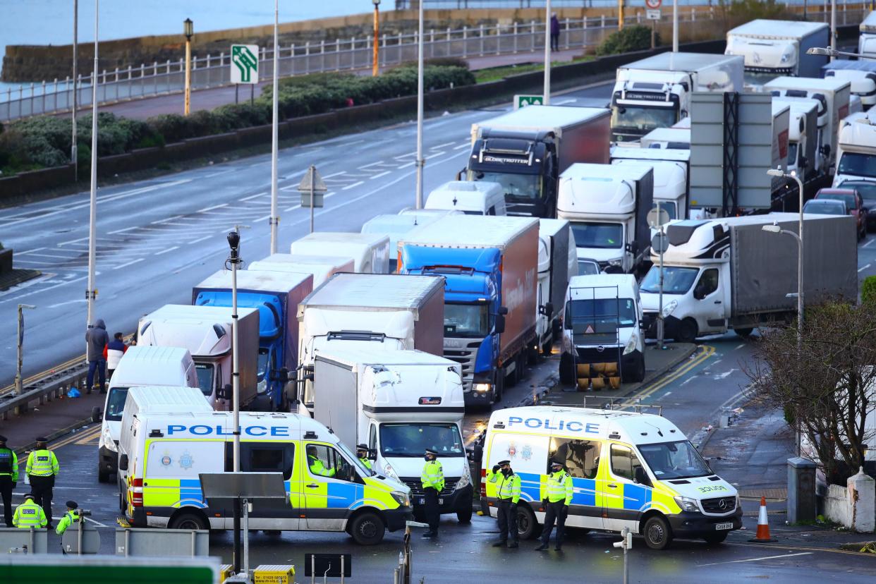 <p>Thousands of lorry drivers headed for mainland Europe became stranded in Kent before Christmas after France imposed a 48-hour ban on entries over the new coronavirus variant</p> (PA)