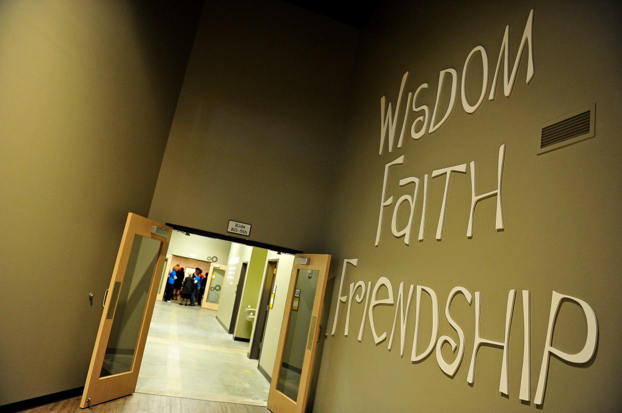 A large display is seen in the hallway leading to the children's worship area after the dedication of the new Warren Grovetown, in this photo from 2014. The offshoot campus of Warren Baptist Church seeks to expand its campus, especially for parking.