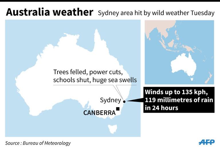 Map of Australia locating Sydney, hit by wild weather on April 21, 2015