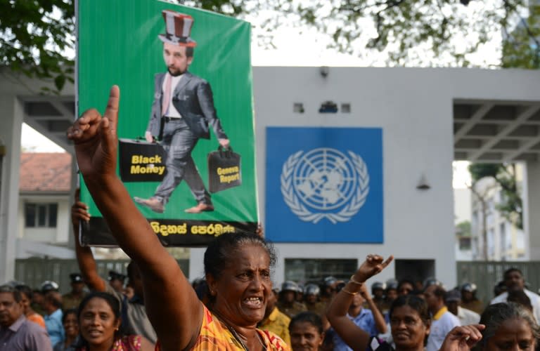 Members of a Sri Lankan fringe opposition group demonstrate outside the United Nations offices in Colombo on February 6, 2016 marking UN human rights chief Zeid Ra'ad Al Hussein's first visit to Sri Lanka