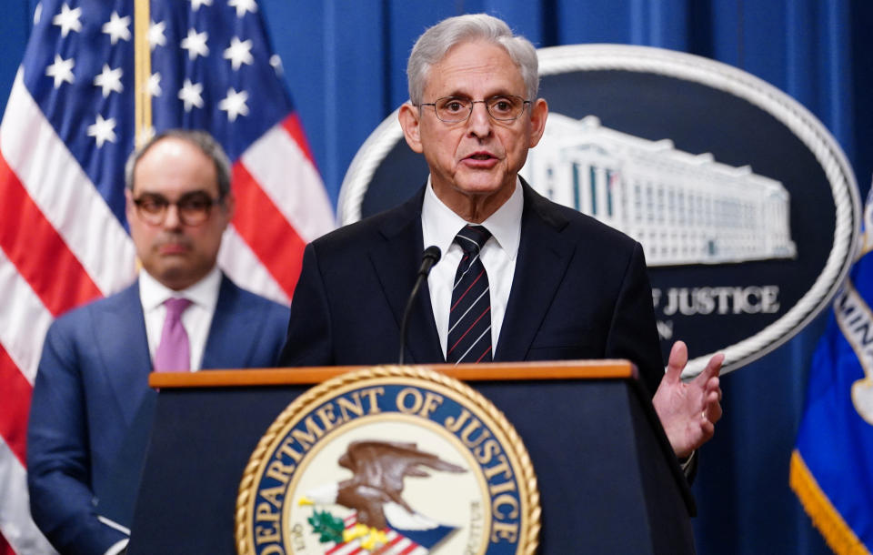 U.S. Attorney General Merrick Garland announces that the U.S. Justice Department has filed an anti-trust lawsuit against Alphabet's Google over allegations that Google abused its dominance of the digital advertising business, as Assistant Attorney General Jonathan Kanter of the Justice Department?s Antitrust Division listens during an appearance in the Department's headquarters briefing room in Washington, January 24, 2023.  REUTERS/Kevin Lamarque