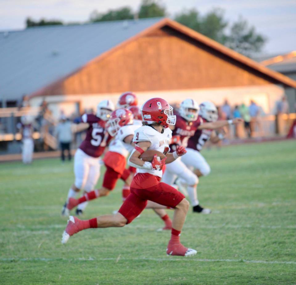 Jim Ned's Cooper Mascorro returns a kickoff against Hawley.