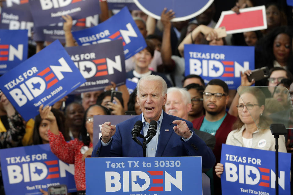 Democratic presidential candidate former Vice President Joe Biden speaks during a campaign rally Thursday, March 2, 2020, at Texas Southern University in Houston. (Michael Wyke/AP)  