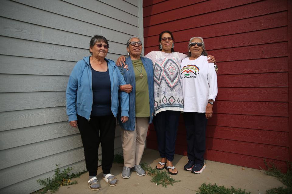 Four members of the Cheyenne River Waśagiya Najin grandmother group in Eagle Butte on Sunday, July 16, 2023.