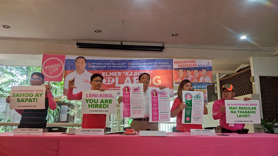 Progressive labor group Kilusang Mayo Uno (KMU) endorses the tandem of Leni Robredo and Francis Panglinina. (Source: Kilusang Mayo Uno/Facebook)