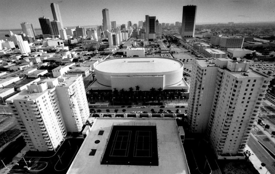 Circa 1990, the view from the roof of the newly opened Park West Apartments looks south over the Miami Arena and Arena Towers and on to downtown.