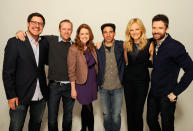 Rich Sommer, Lee Kirk, Jenna Fischer, Chris Messina, Malin Akerman and Topher Grace pose for a portrait at the 2012 Tribeca Film Festival in New York City, NY.