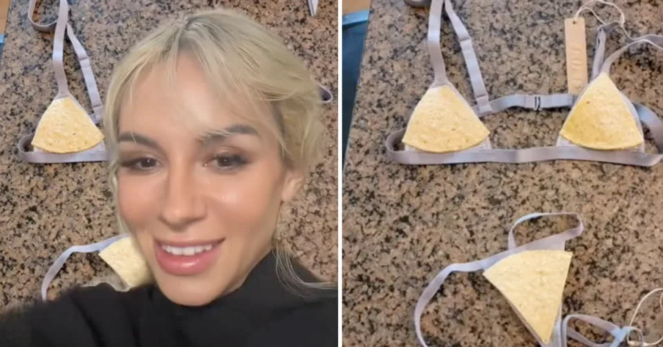 Tortilla chips are placed on top of the SKIMS micro bikini. 