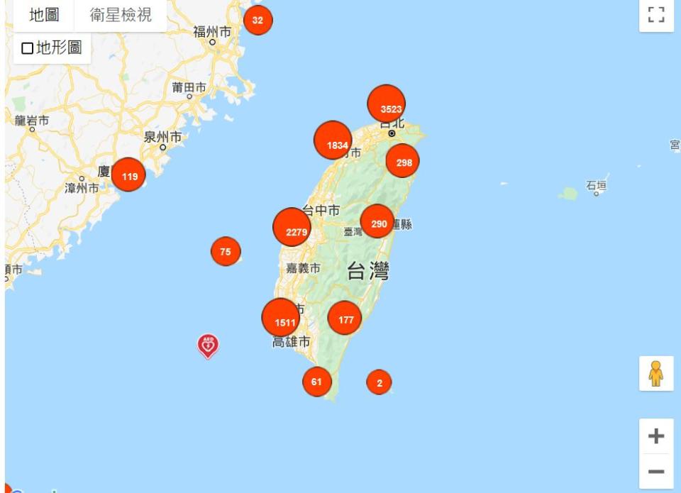 我國現有AED設置數量與縣市位置分布圖。（圖／翻攝自衛福部公共場所AED急救資訊網）