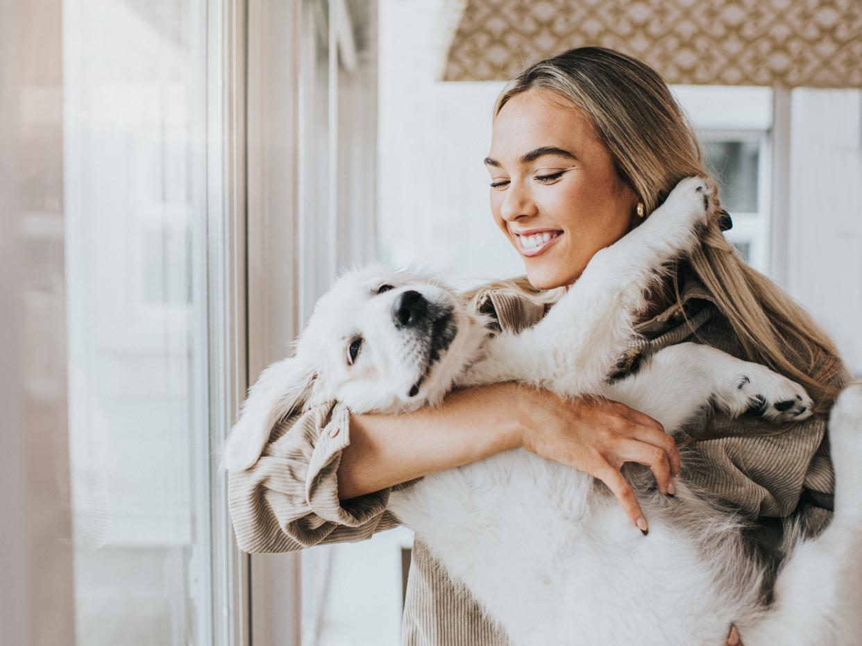 Young Woman cuddles her 12 week old Golden Retriever Puppy - stock photo