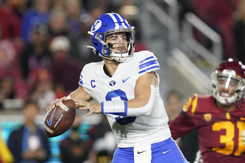 Brigham Young quarterback Jaren Hall (3) throws a pass during the first half of an NCAA college football game against Southern California in Los Angeles, Saturday, Nov. 27, 2021. (AP Photo/Ashley Landis)