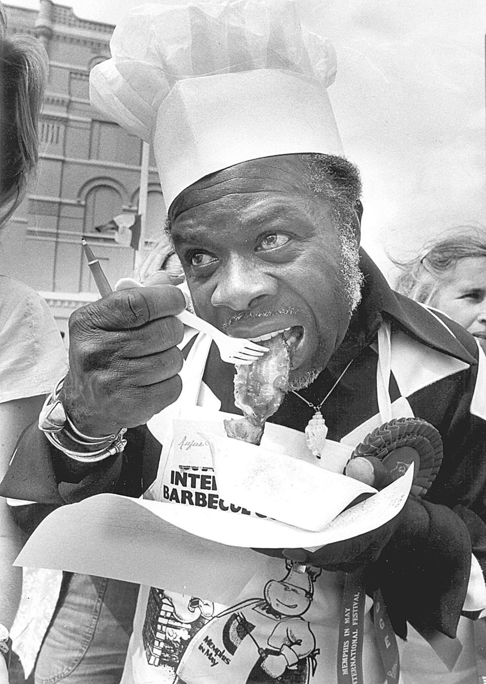 May 6, 1978 - Entertainer Rufus Thomas takes a big bite while serving as a judge at the Memphis In May Intertantional Barbecue Cooking Contest