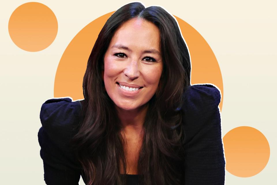 Joanna Gaines on a designed background