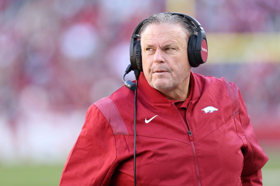 Nov 26, 2021; Fayetteville, Arkansas, USA; Arkansas Razorbacks head coach Sam Pittman looks on during the first half against the Missouri Tigers at Donald W. Reynolds Razorbacks Stadium. Mandatory Credit: Nelson Chenault-USA TODAY Sports