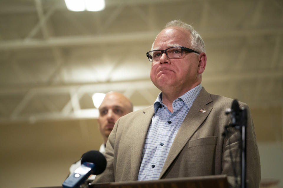 Gov. Tim Walz speaks during a news conference, Thursday, Dec. 5, 2019 in Marty, Minn. A Black Hawk helicopter with three crew members aboard crashed Thursday in central Minnesota, the Minnesota National Guard said, though officials did not offer any immediate information about the conditions of crew members. (Renee Jones Schneider/Star Tribune via AP)