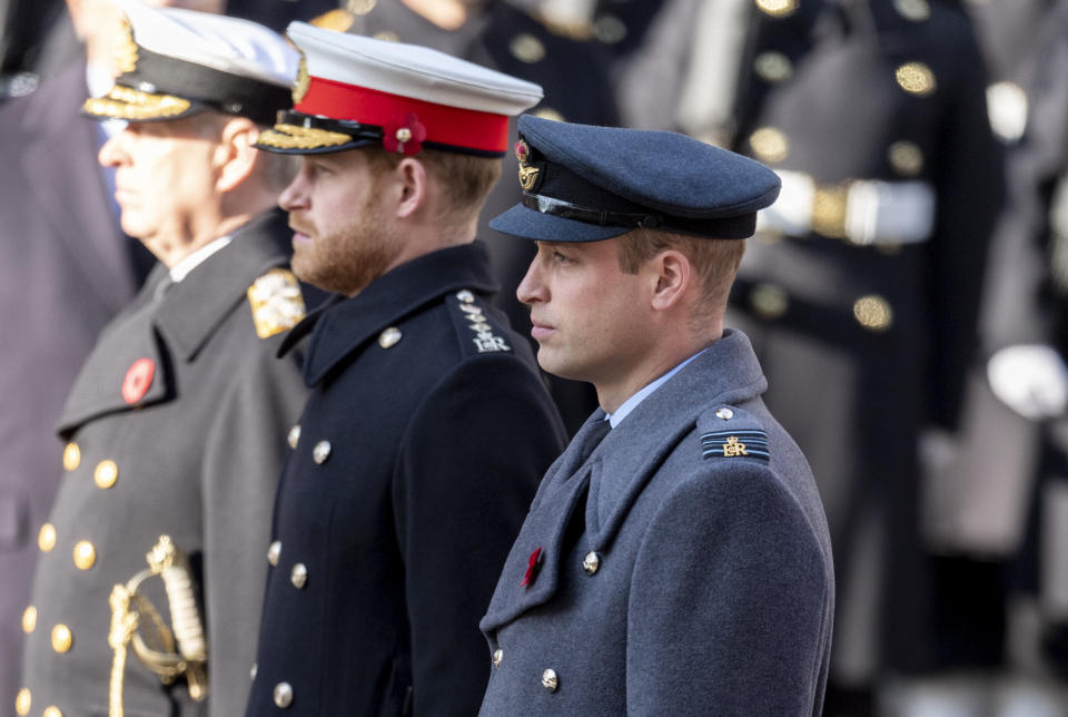 William and Harry attend the annual Remembrance Sunday memorial at The Cenotaph on Nov. 10, 2019 in London.&nbsp; (Photo: Mark Cuthbert via Getty Images)