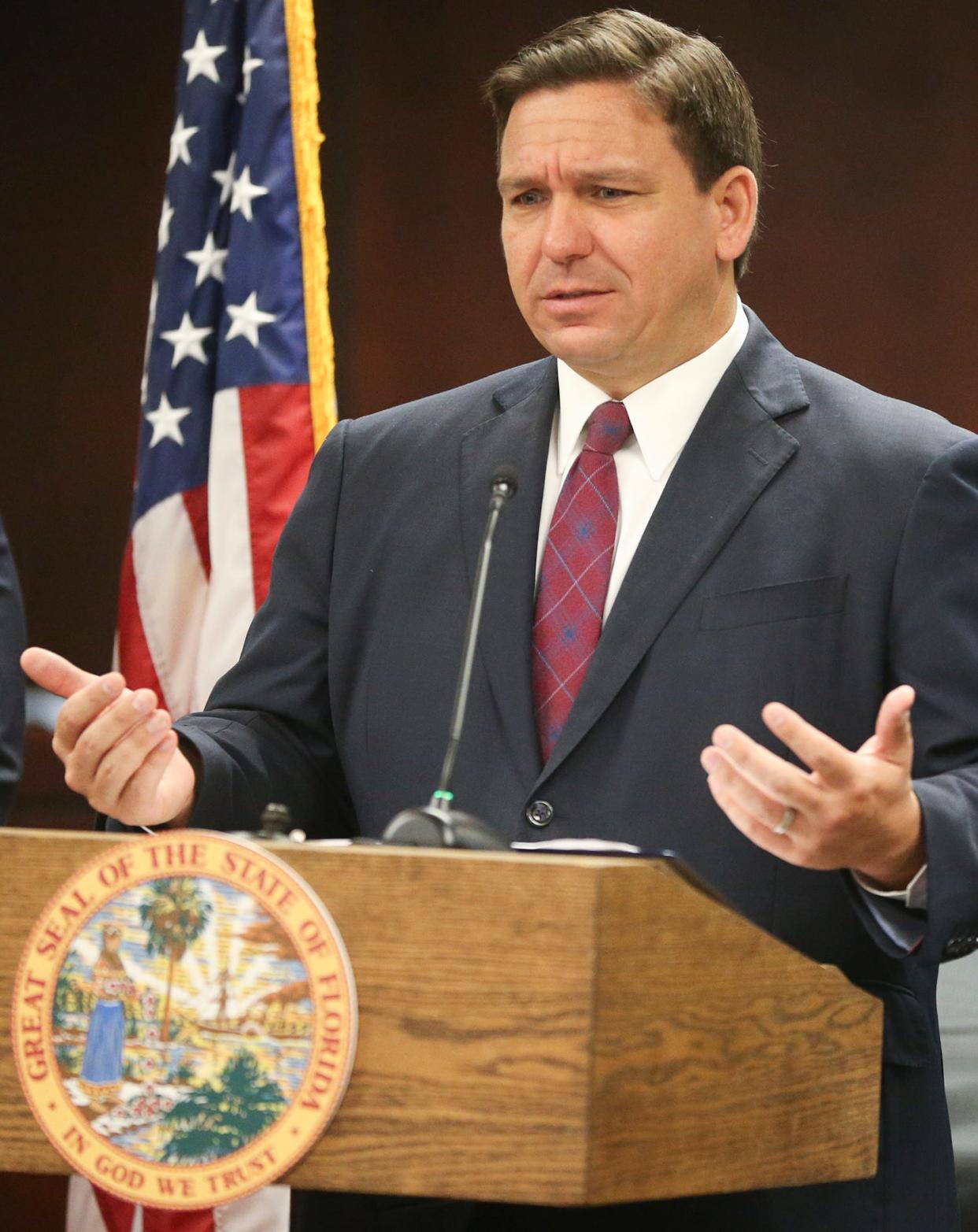 Gov. Ron DeSantis during a visit to DeFuniak Springs on Sept. 9.