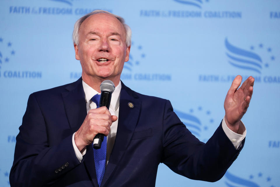 Republican presidential candidate and former Arkansas Gov. Asa Hutchinson at the Iowa Faith & Freedom Coalition Spring Kick-Off on April 22, 2023, in Clive, Iowa. (Scott Olson / Getty Images)