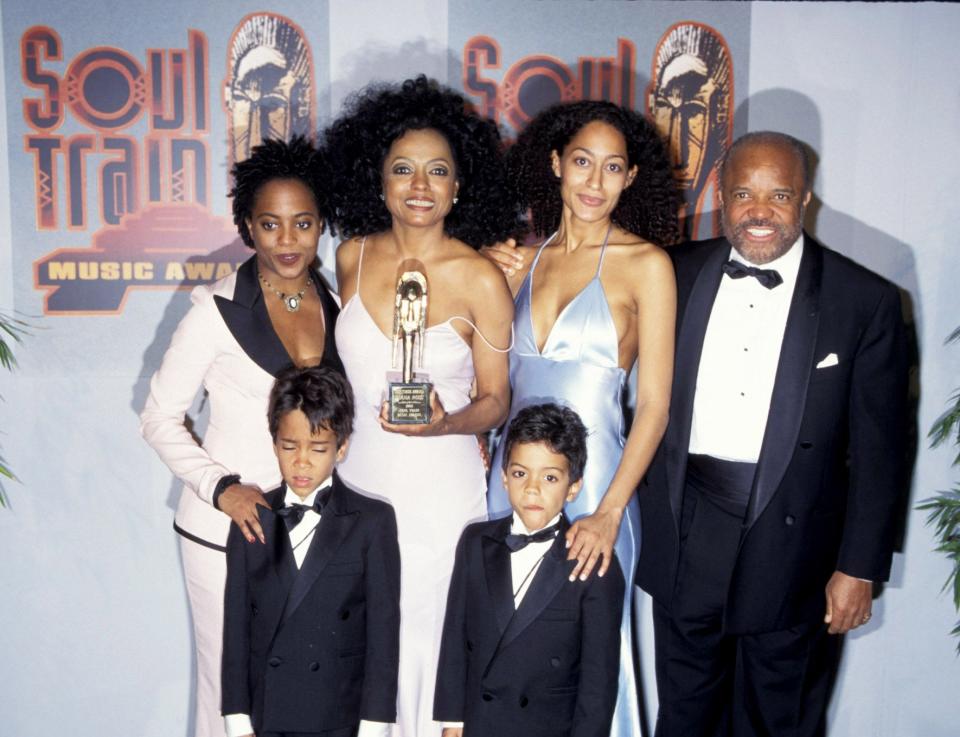 Rhonda, Diana, Tracee and Berry Gordy (Rhonda’s father) with Diana’s sons Ross Arne Naess and Evan Naess at the Soul Train Music Awards in 1995Ron Galella Collection via Getty