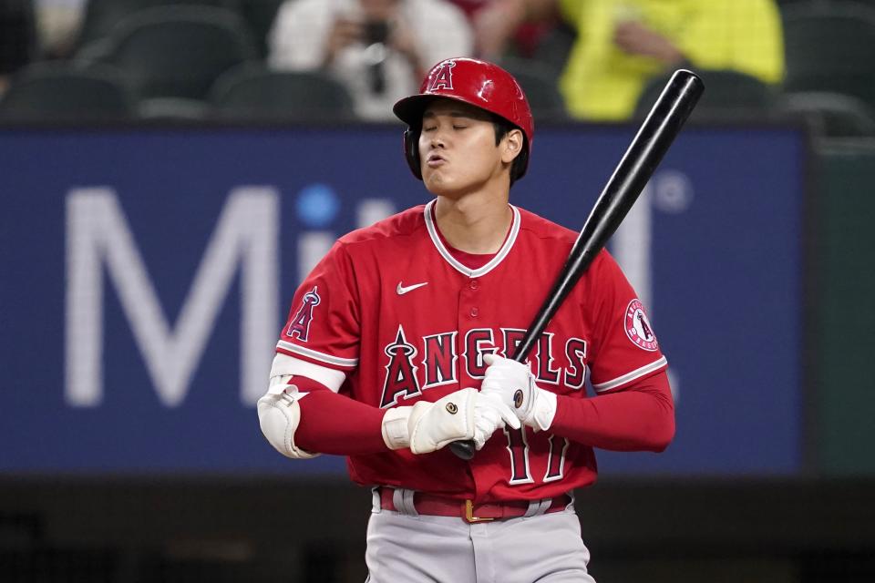 天使球星大谷翔平，此役繳出5支1、吞2K成績(AP Photo/Tony Gutierrez)