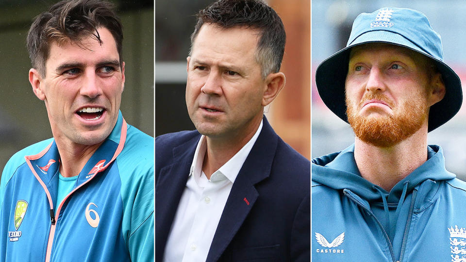 Pictured left to right, Pat Cummins, Ricky Ponting and Ben Stokes.