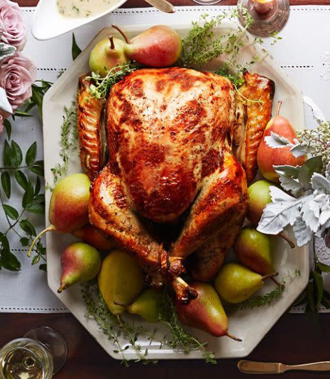 <p>Brine your bird with pear nectar, fresh herbs and spices for this year's feast. The sugars from the pears help create that golden-brown sheen.</p><p><em><a href="https://www.womansday.com/food-recipes/food-drinks/recipes/a39948/pear-thyme-turkey-recipe-clx1114/" rel="nofollow noopener" target="_blank" data-ylk="slk:Get the recipe from Woman's Day »;elm:context_link;itc:0;sec:content-canvas" class="link ">Get the recipe from Woman's Day »</a></em></p><p><strong>RELATED: </strong><a href="https://www.goodhousekeeping.com/holidays/thanksgiving-ideas/g4689/thanksgiving-turkey-recipes/" rel="nofollow noopener" target="_blank" data-ylk="slk:18 Turkey Recipes That Will Wow Your Guests This Thanksgiving;elm:context_link;itc:0;sec:content-canvas" class="link ">18 Turkey Recipes That Will Wow Your Guests This Thanksgiving</a><br></p>