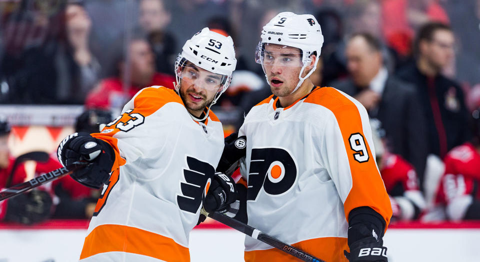 Ivan Provorov (9) and Shayne Gostisbehere (53) need to turn in much better seasons for the Flyers to return to the playoffs. (Photo by Richard A. Whittaker/Icon Sportswire via Getty Images)