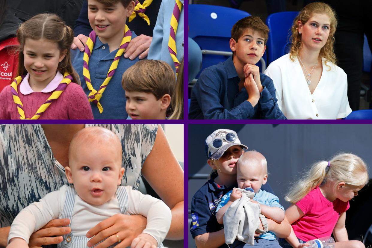  Four way split layout, Prince George, Charlotte and Louis, Lady Louise Windsor and James Viscount Severn, Prince Archie as a baby and Mia and Lucas Tindall. 
